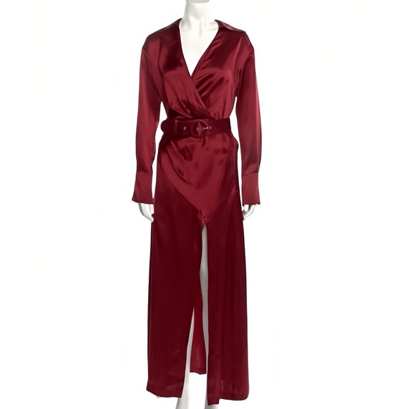 NICHOLAS Dresses & Skirts - Nicholas Silk Wrap Maxi Dress Burgundy Sz 2 100% Silk Pleated Long Sleeve Gown